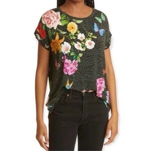 Johnny Was Blooming Breeze Short Floral Tee Crew Neck Shirt Black Top Size XS